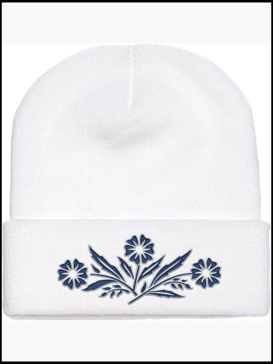 Other - Floral White Winter Beanie with Adjustable Drawstring One Size Unisex